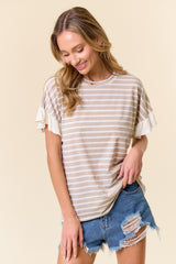 Taupe Striped Ruffle Sleeve Maternity Top