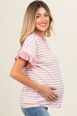 Mauve Striped Ruffle Sleeve Maternity Top