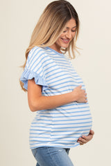 Light Blue Striped Ruffle Sleeve Maternity Top