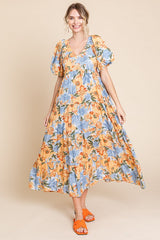 Light Blue Floral Print Pocketed Maternity Midi Dress