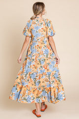 Light Blue Floral Print Pocketed Midi Dress