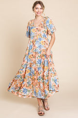 Peach Floral Print Pocketed Midi Dress