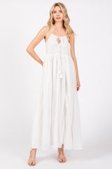 Ivory Embroidered Tassel Tie Maxi Dress