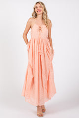 Light Pink Embroidered Tassel Tie Maternity Maxi Dress