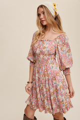 Pink Flower Print Square Neck And Puff Sleeve Dress