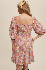 Pink Flower Print Square Neck And Puff Sleeve Dress