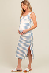 Light Blue Striped Side Slit Maternity Midi Dress