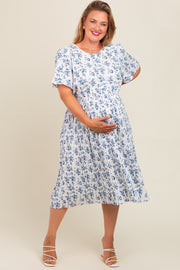 Blue Ditsy Floral Pleated Plus Maternity Dress