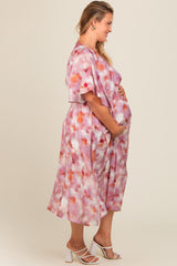 Pink Satin V-Neck Short Flutter Sleeve Maternity Plus Midi Dress