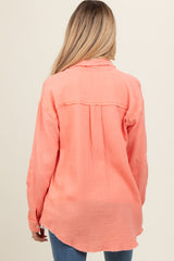 Peach Front Pocket Fringe Hem Button Up Maternity Shirt