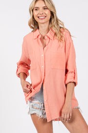 Peach Front Pocket Fringe Hem Button Up Shirt