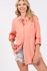 Peach Front Pocket Fringe Hem Button Up Maternity Shirt