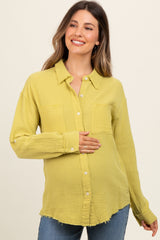 Lime Front Pocket Fringe Hem Button Up Maternity Shirt