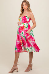 Pink Floral Smocked Chiffon Maternity Midi Dress