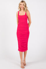 Fuchsia Mesh Ruched Bodycon Maternity Midi Dress