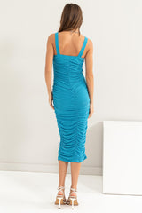 Turquoise Mesh Ruched Bodycon Midi Dress