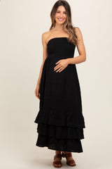 Black Smocked Ruffle Hem Tube Maternity Maxi Dress