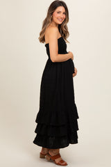 Black Smocked Ruffle Hem Tube Maternity Maxi Dress