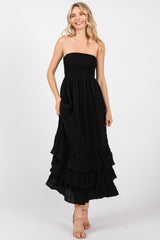 Black Smocked Ruffle Hem Tube Maxi Dress