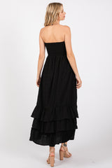 Black Smocked Ruffle Hem Tube Maxi Dress