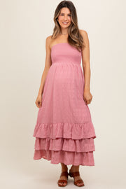 Mauve Smocked Ruffle Hem Tube Maternity Maxi Dress