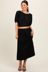 Black Waffle Texture Crop Top and Skirt Maternity Set