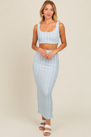 Light Blue Crop Top Side Ruched Long Pencil Skirt Set