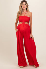 Red Smocked Drawstring Halter Side Cutout Maternity Jumpsuit