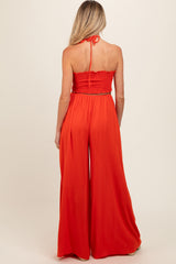 Orange Smocked Drawstring Halter Side Cutout Maternity Jumpsuit