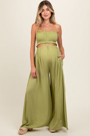 Lime Smocked Drawstring Halter Side Cutout Maternity Jumpsuit