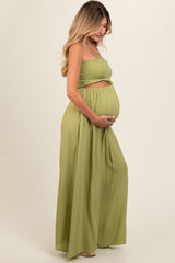 Lime Smocked Drawstring Halter Side Cutout Maternity Jumpsuit