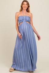 Blue Striped Cutout Halter Wide Leg Maternity Jumpsuit