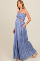 Blue Striped Cutout Halter Wide Leg Maternity Jumpsuit