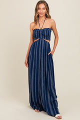 Navy Striped Cutout Halter Wide Leg Jumpsuit