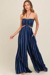 Navy Striped Cutout Halter Wide Leg Maternity Jumpsuit