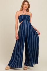 Navy Striped Cutout Halter Wide Leg Maternity Jumpsuit