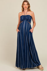 Navy Striped Cutout Halter Wide Leg Maternity Jumpsuit