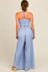 Light Blue Smocked Drawstring Halter Side Cutout Jumpsuit