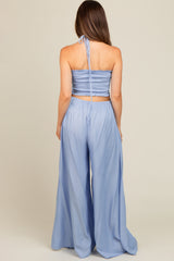 Light Blue Smocked Drawstring Halter Side Cutout Maternity Jumpsuit