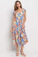 Light Blue Floral Printed Tiered Flutter Sleeve Maternity Dress