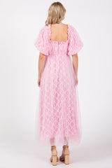 Pink Balloon Sleeve Embroidery Mesh Midi Dress