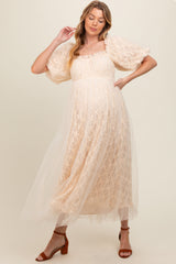 Cream Balloon Sleeve Embroidery Mesh Maternity Midi Dress