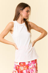 White Rib Knit Ruffle Trim Sleeveless Maternity Top