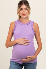 Lavender Rib Knit Ruffle Trim Sleeveless Maternity Top