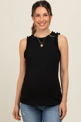 Black Rib Knit Ruffle Trim Sleeveless Maternity Top