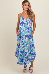 Blue Floral V-Neck Cross Back Maternity Midi Dress