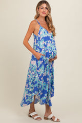 Blue Floral V-Neck Cross Back Maternity Midi Dress