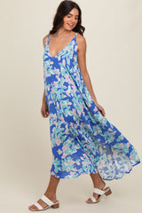 Blue Floral V-Neck Cross Back Maternity Midi Dress