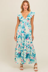 Teal Floral Ruffle Accent V-Neck Maxi Dress