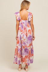 Mauve Floral Ruffle Accent V-Neck Maxi Dress